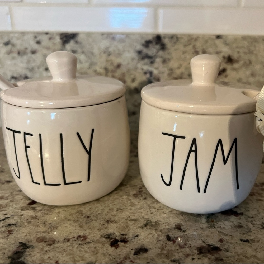 Rae Dunn Jelly & Jam set with kids & spoons. Rare Find!